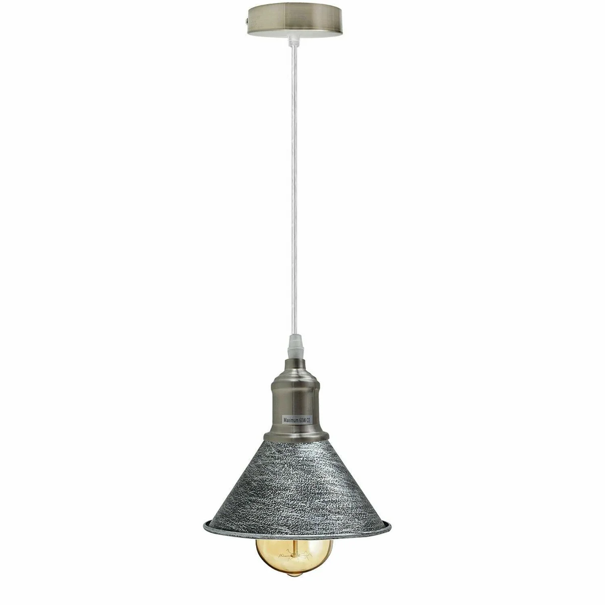 modern vintage ceiling pendant light with cone shade, black metal frame and PVC wire, hanging.