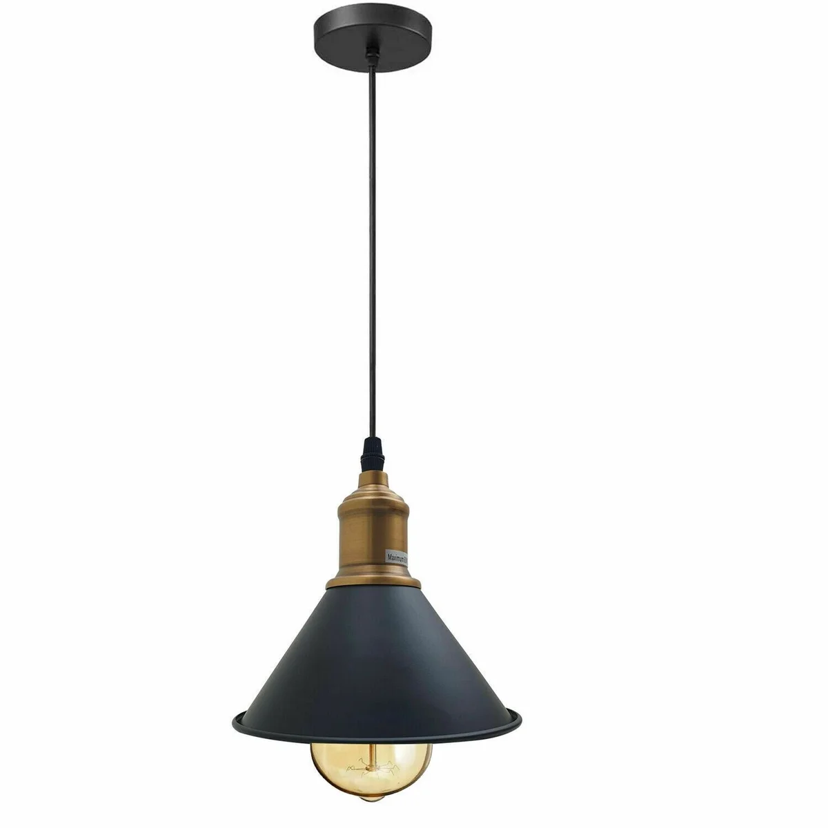 Modern vintage ceiling pendant light with cone shade, black metal, 95 cm wire, E27 base, sleek design for kitchens or bars.