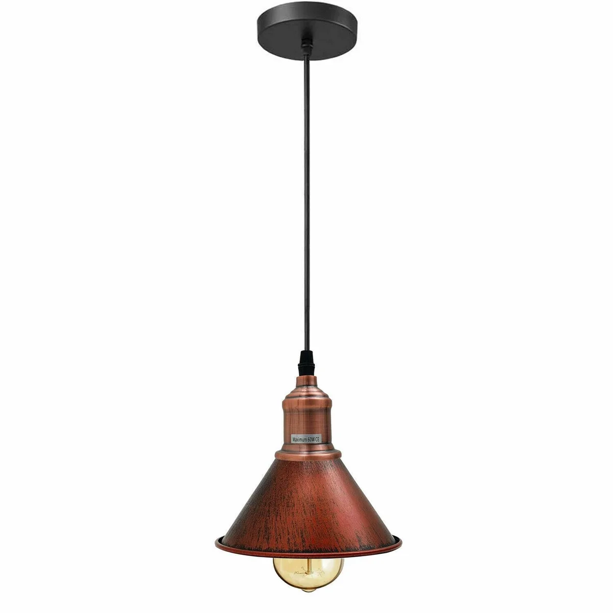 Modern vintage ceiling pendant light with cone shade, metallic body, hanging from 95‑cm wire, featuring white interior finish