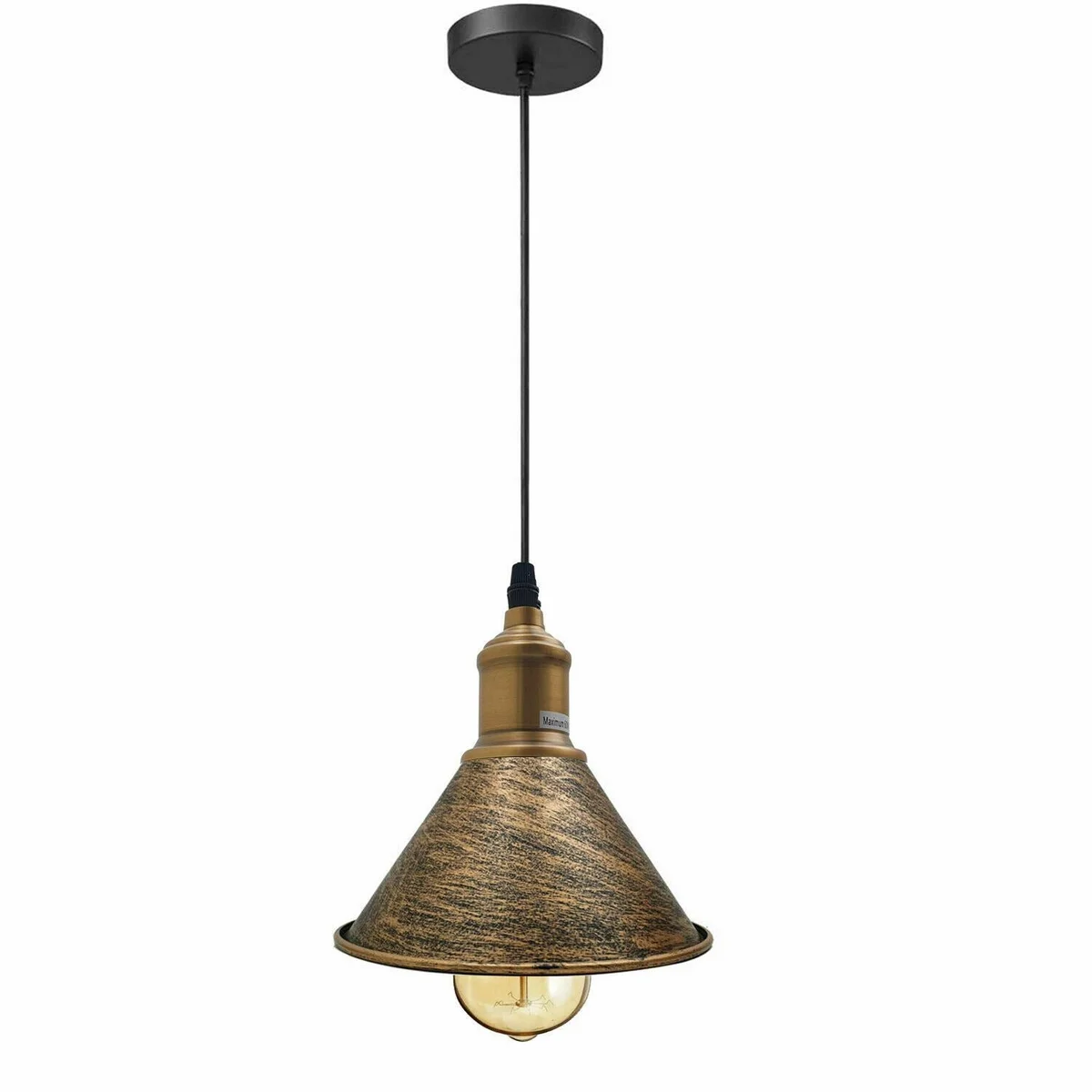 Modern vintage ceiling pendant light with cone-shaped design, angled metal base, white hood, in black or brushed copper.