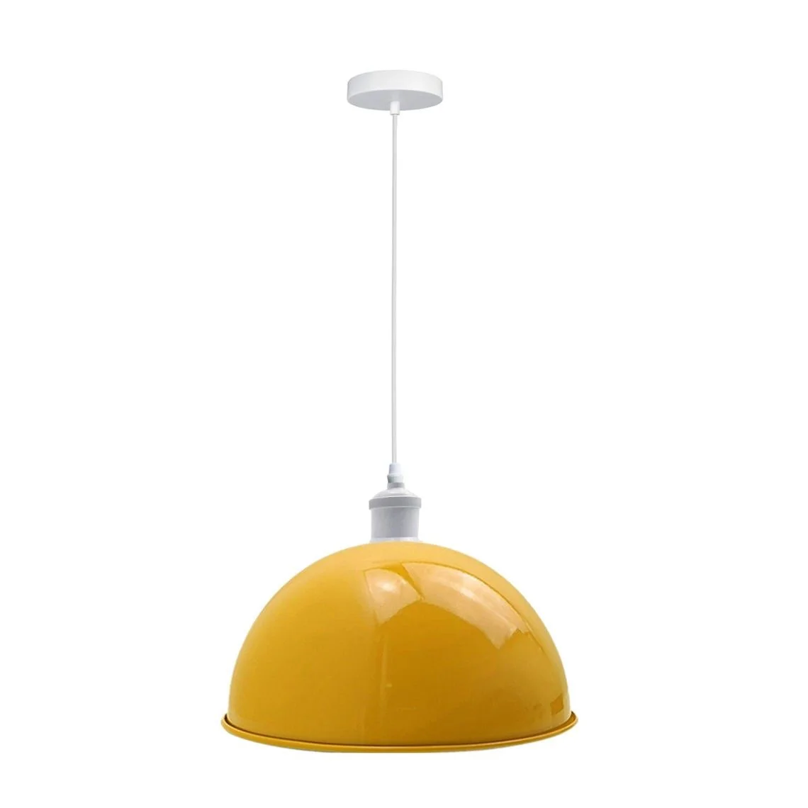 Vintage industrial ceiling pendant featuring metal dome shade in yellow, long PVC cable, hanging above a modern interior