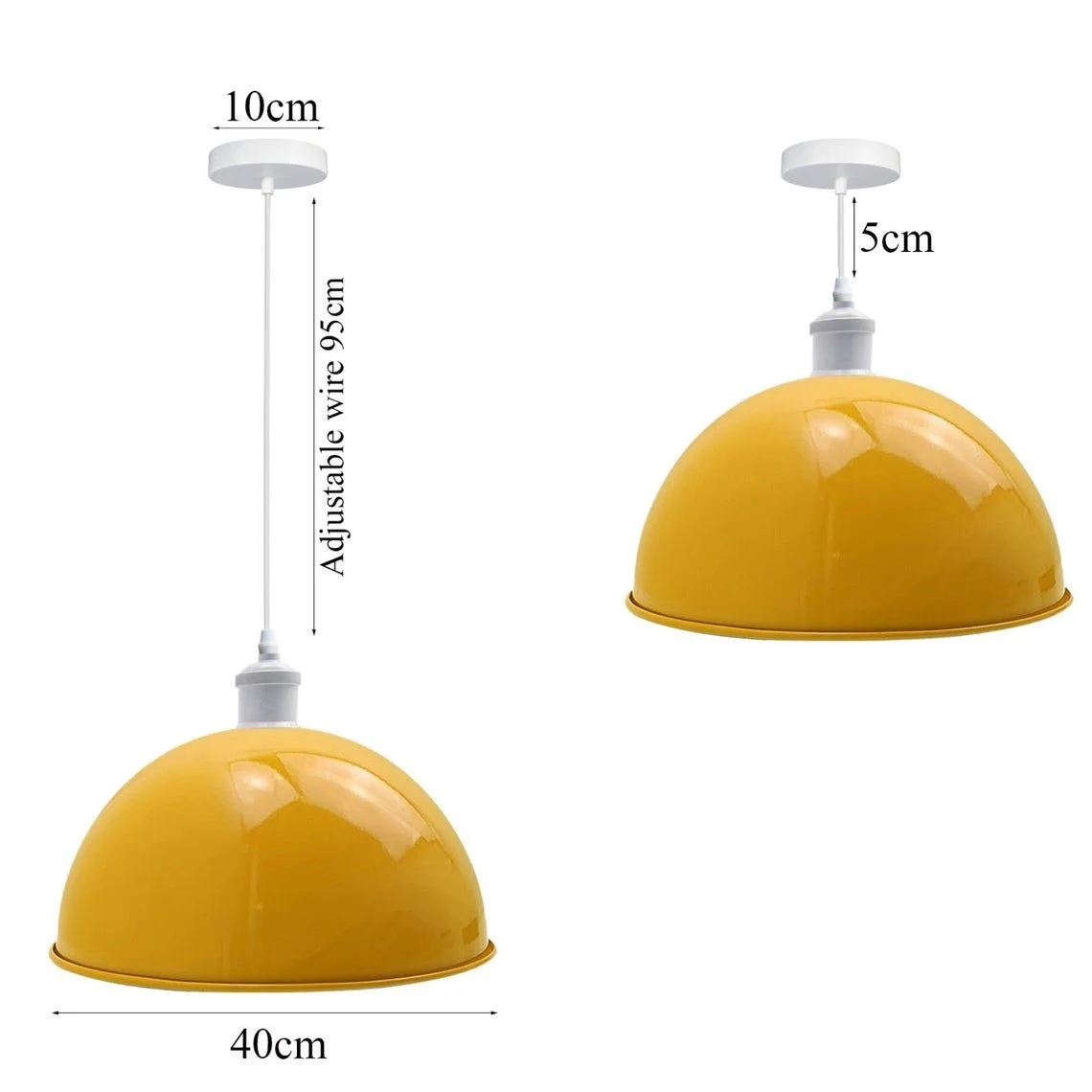Metal pendant light with yellow dome shade, 95cm cable, hanging from ceiling, includes base and light holder
