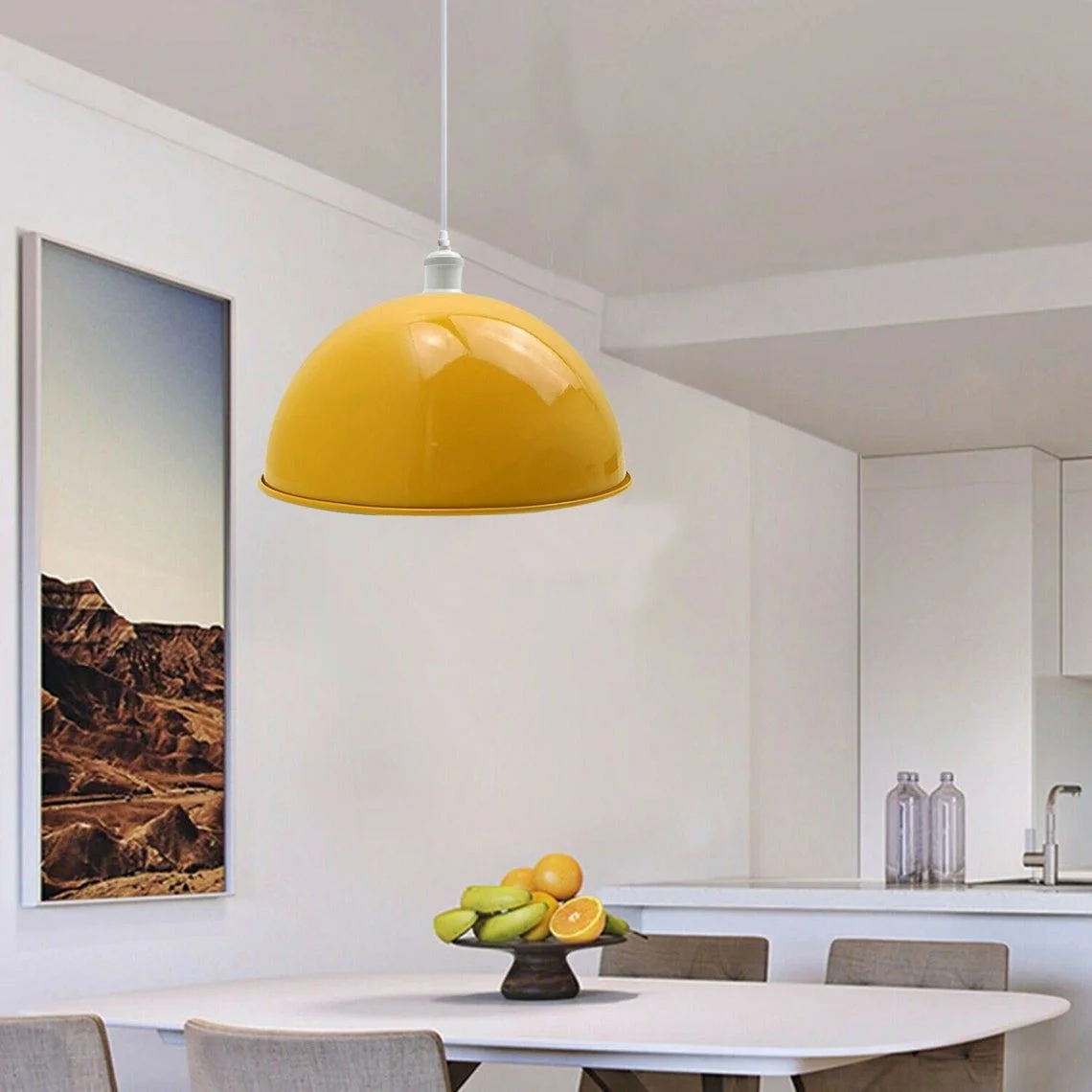 Yellow metal industrial pendant lamp with round cage and 95 cm PVC cord hanging from ceiling