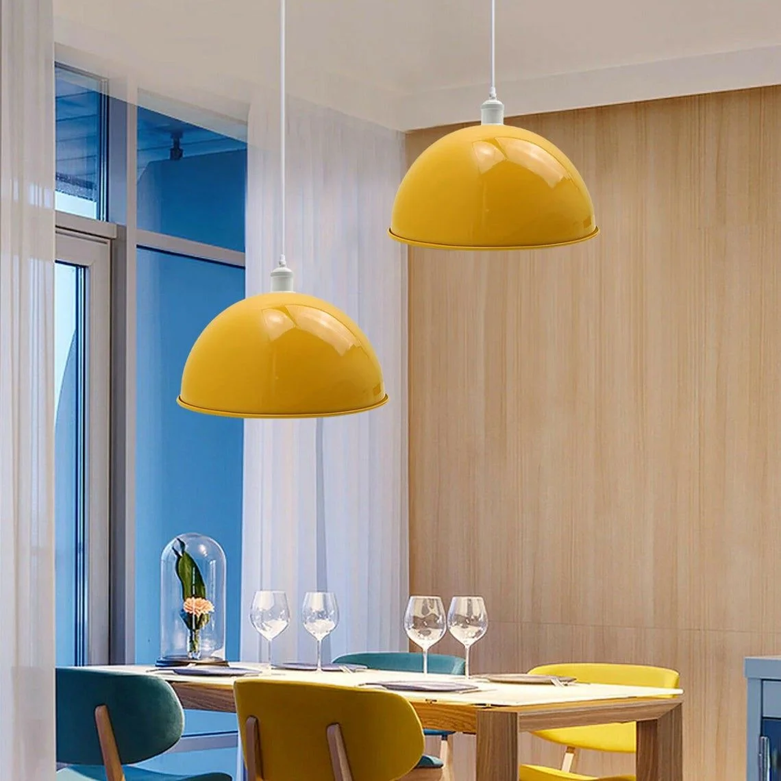 Modern industrial lighting pendant with yellow dome shade, metal frame, 10 cm base, hanging via 95 cm PVC cable.