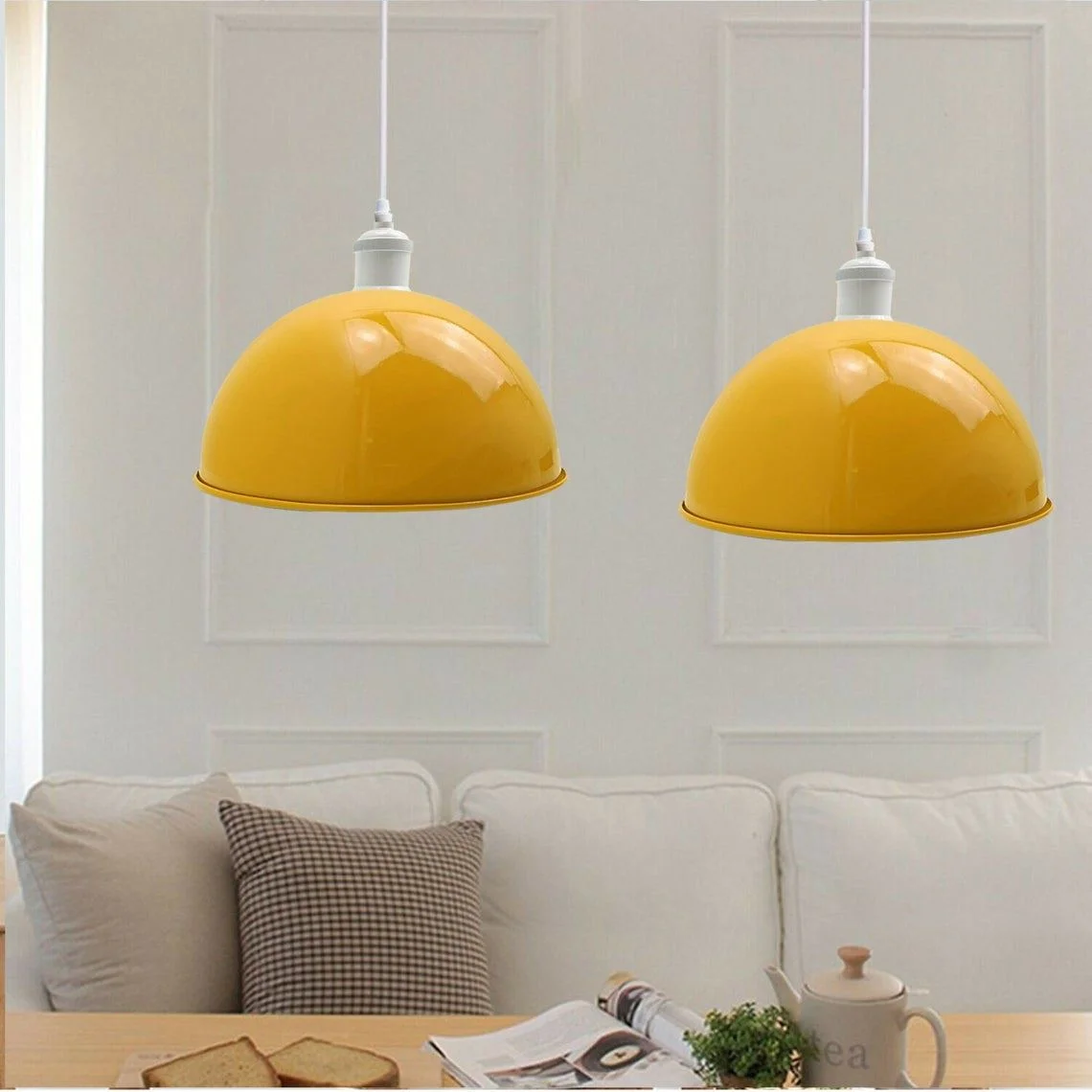 Vintage industrial ceiling pendant with metal dome shade in yellow, hanging from 95cm PVC cable.