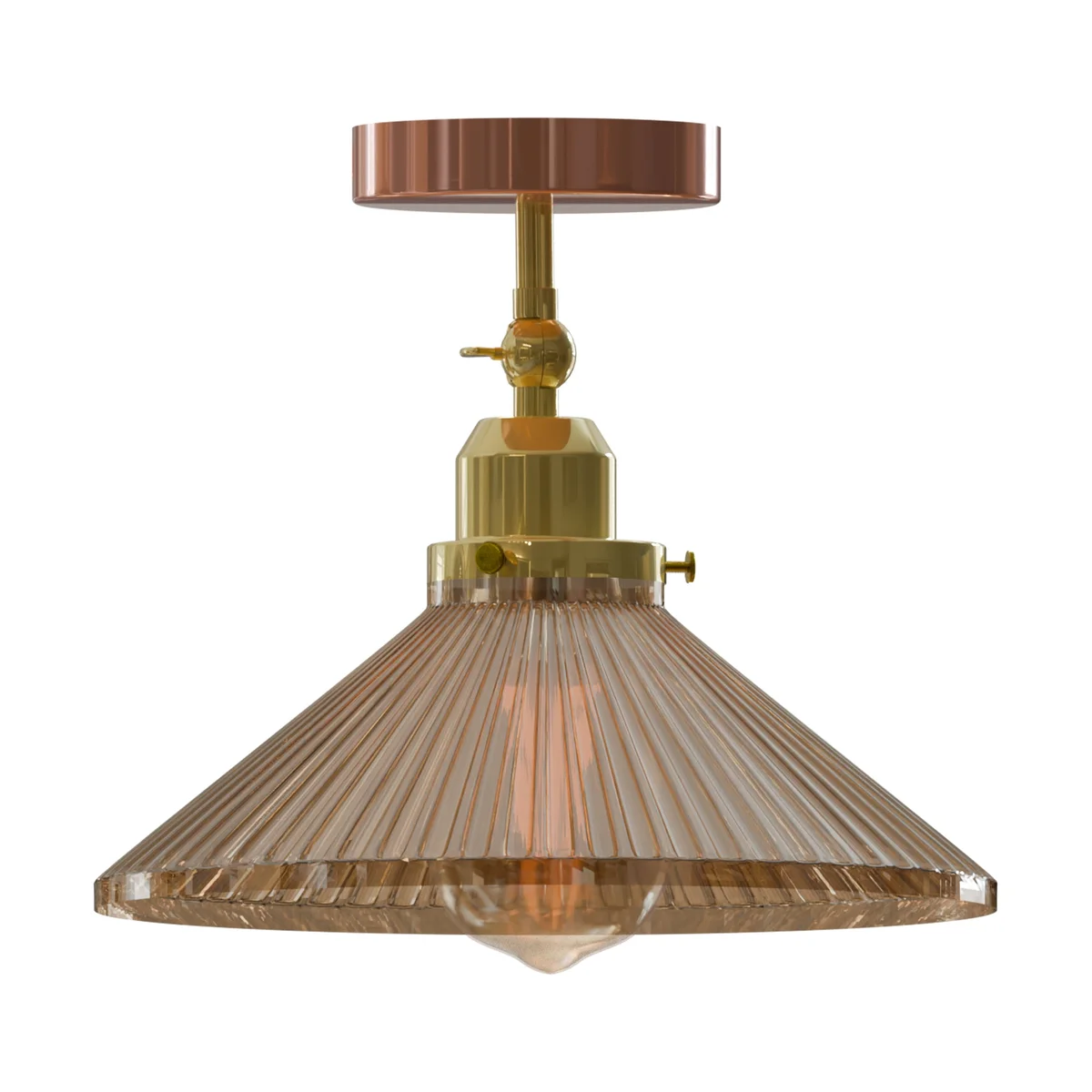 Vintage ceiling light with amber glass shade, French gold trim, E27 base – industrial loft style.