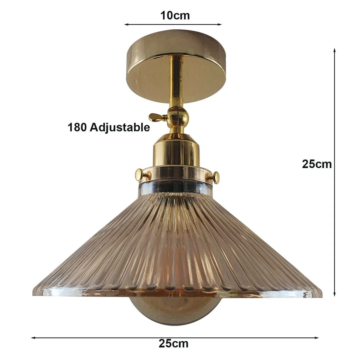 Industrial ceiling lamp with amber glass shade, French gold rim, E27 base, vintage industrial loft style.