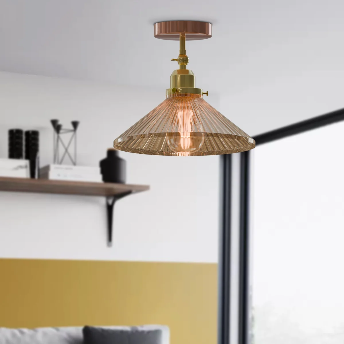 Vintage industrial E27 ceiling light with amber glass shade, French gold frame, 10cm plate, 4cm shade opening, retro style.