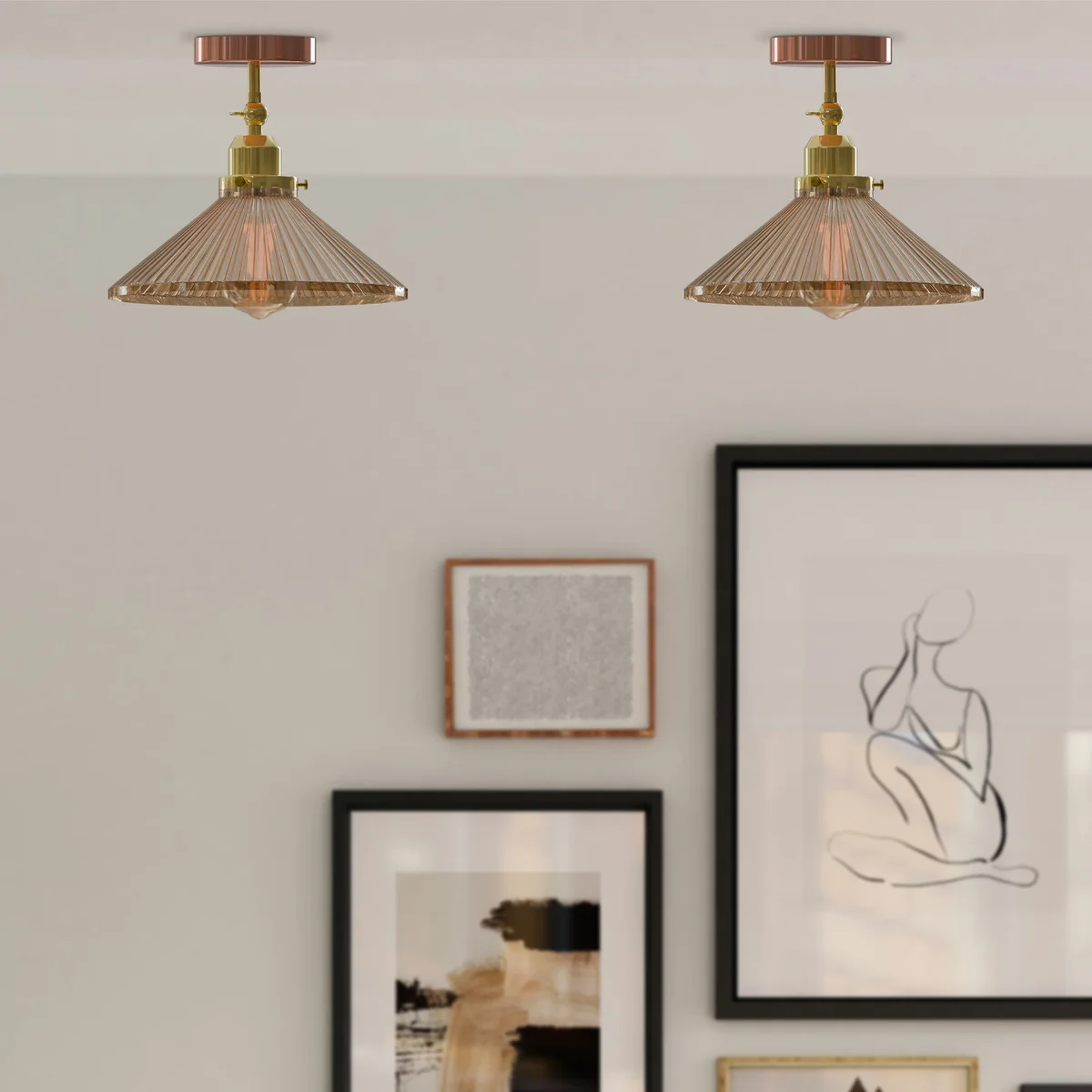 Vintage ceiling light with amber glass shade, French gold accents, 10 cm base, 4 cm lamp hole, E27 socket, industrial style