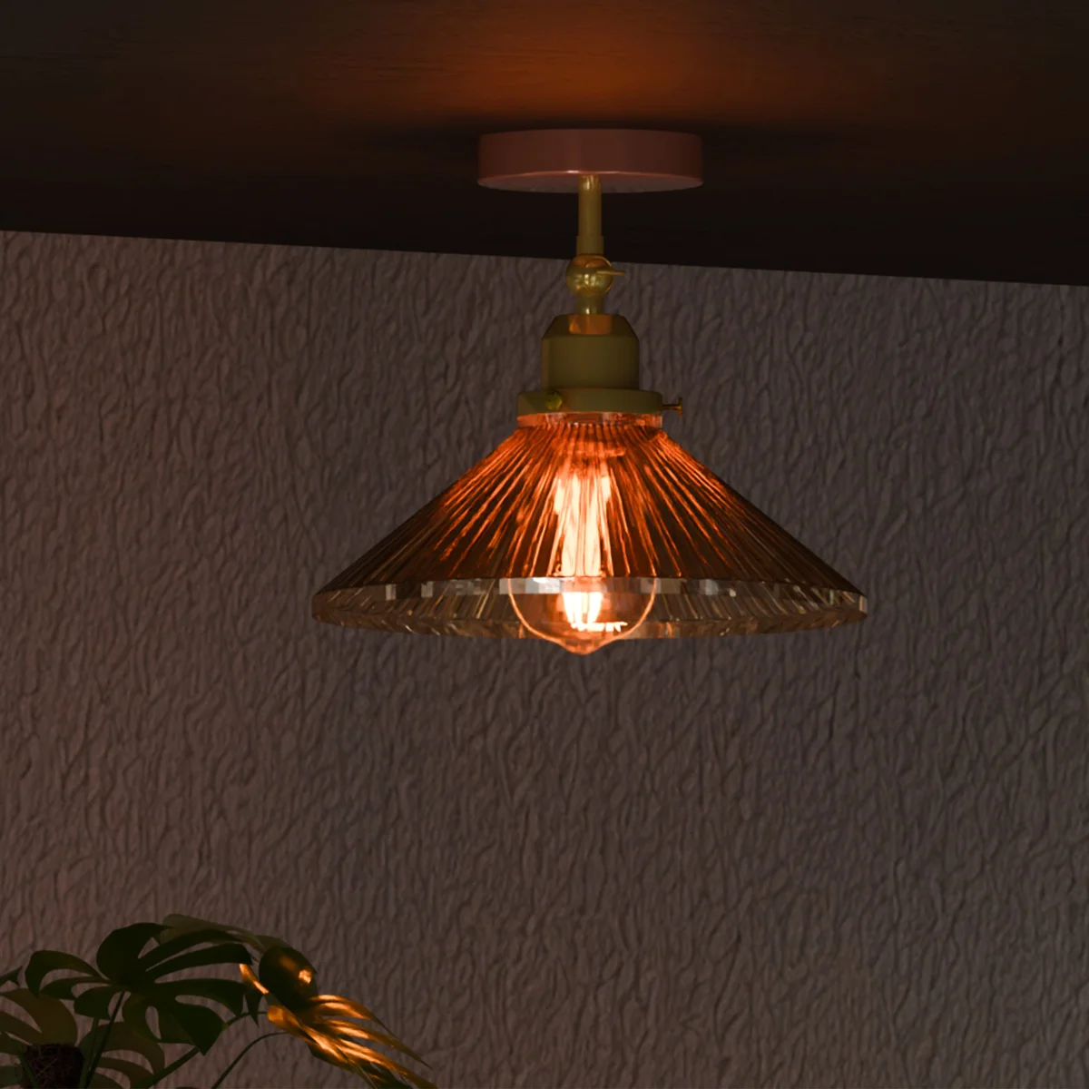 Vintage ceiling light with amber glass shade and French Gold frame, attached to an E27 lamp base