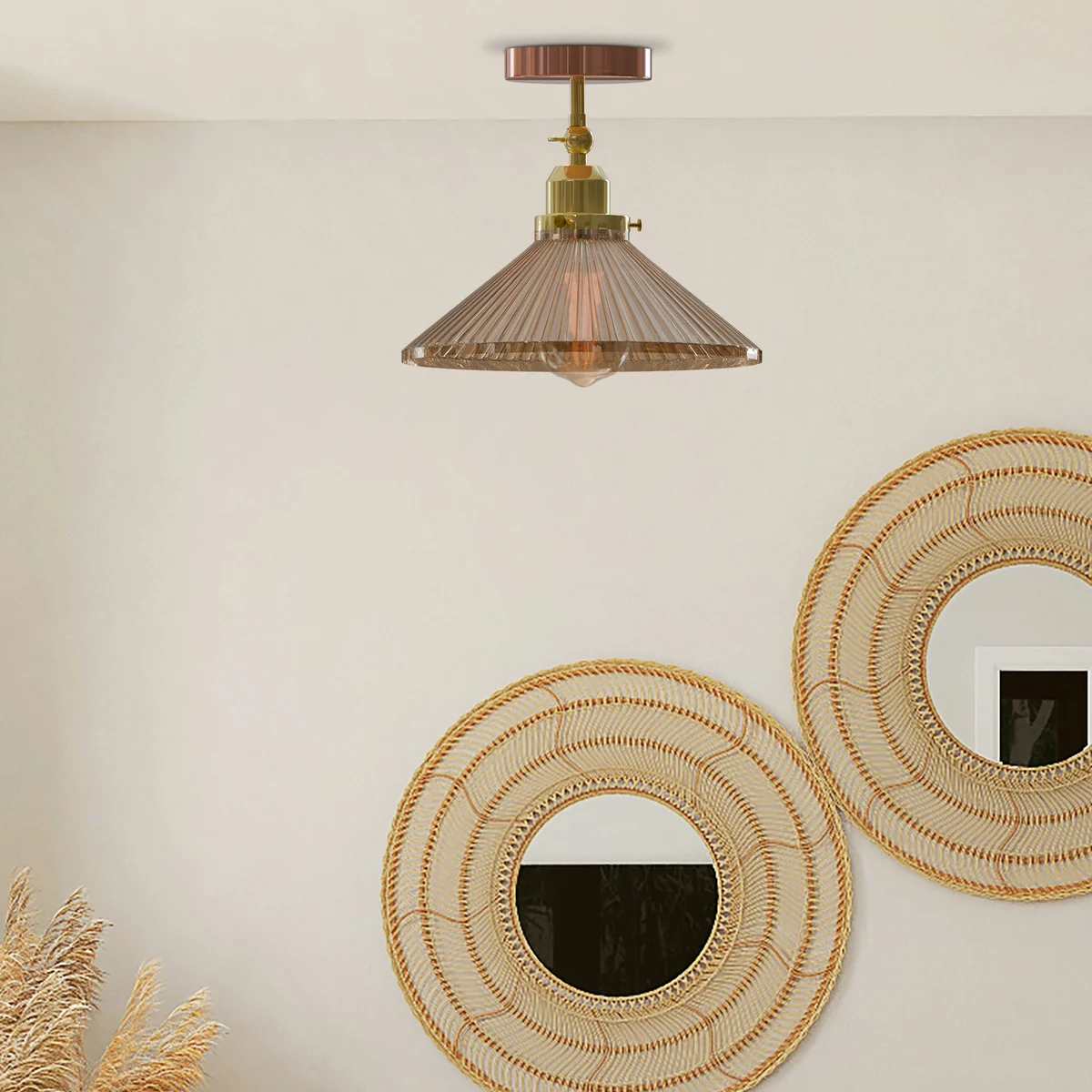 Vintage ceiling light with amber glass shade, French gold finish, E27 base, 10cm diameter.