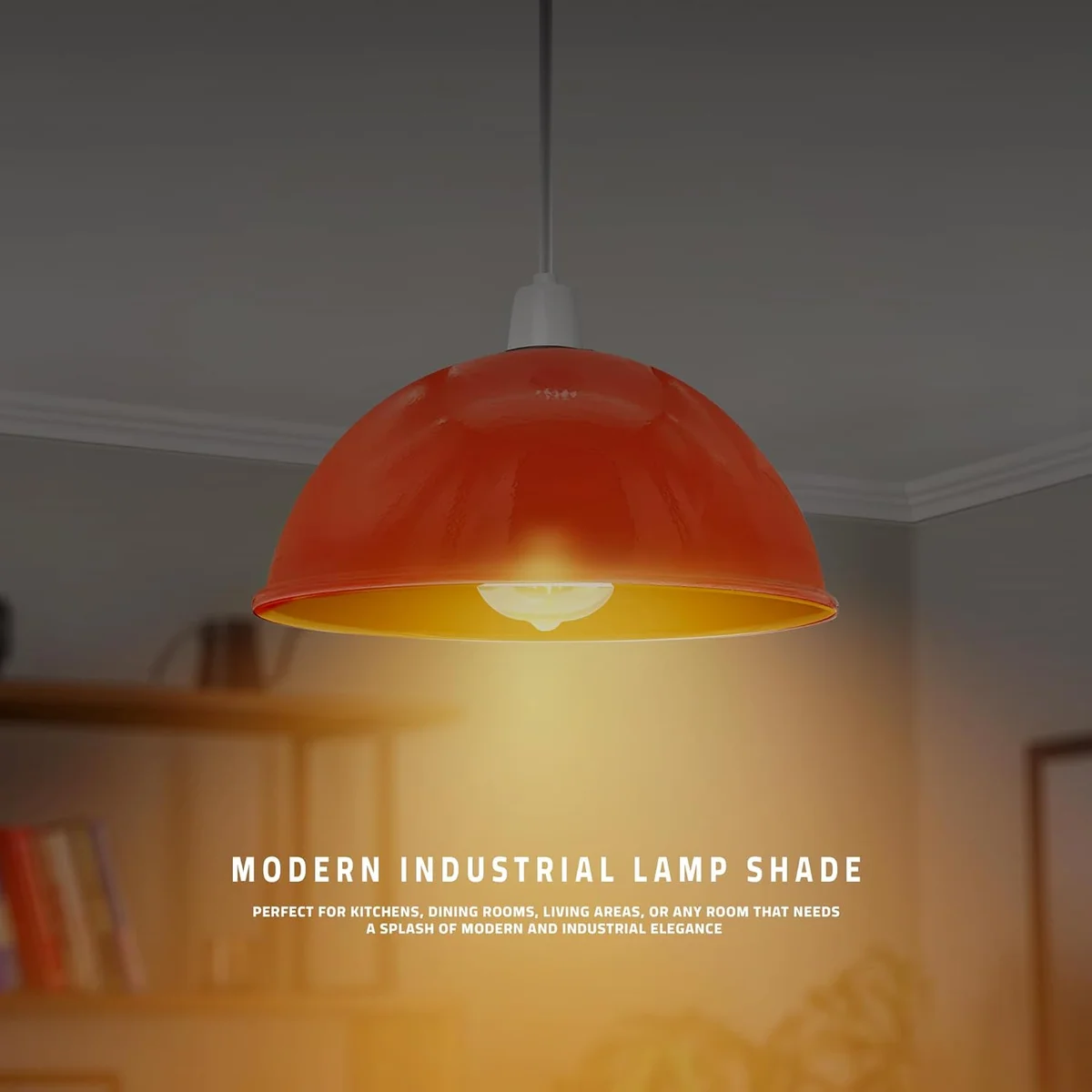 Contemporary pendant lampshade with metal body, 40 cm diameter and 17 cm high, white interior, sleek and modern design.