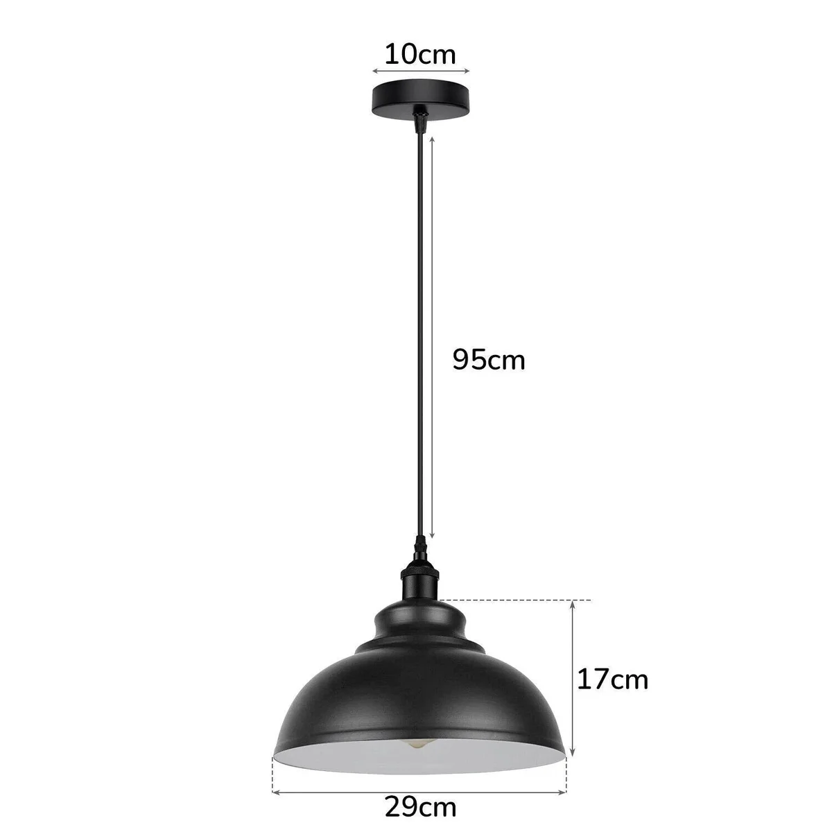 Vintage 29cm dimmable pendant light with adjustable 95cm metal cable, hanging from ceiling.