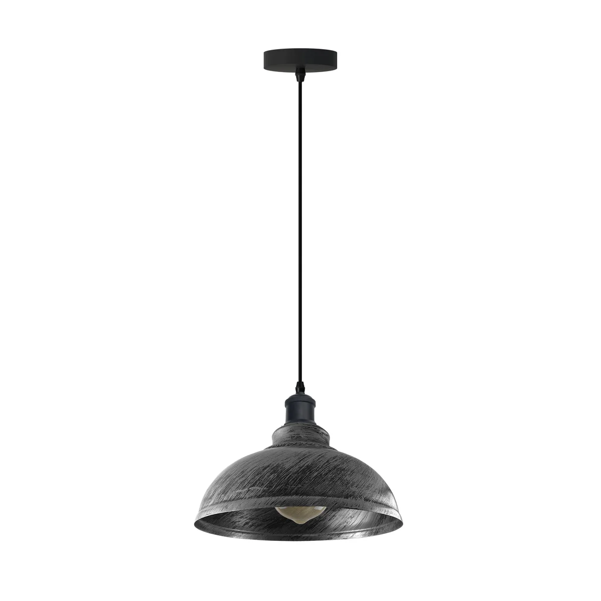 Vintage metal E27 pendant light with adjustable 95cm cable, dimmable, hanging over kitchen island or dining table.