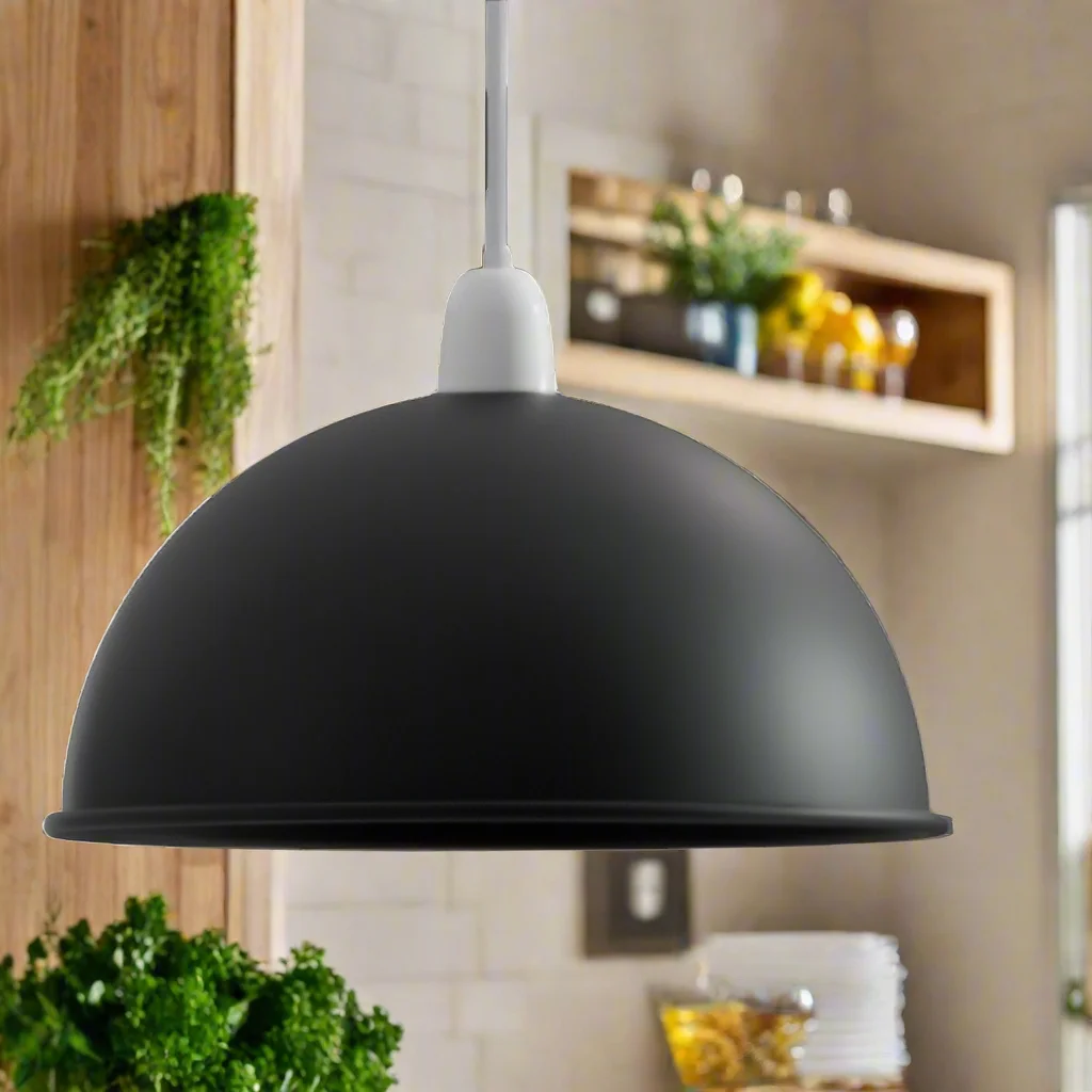 Industrial metal pendant light with curved matte dome shade, vintage retro style, hanging over a ceiling fixture.
