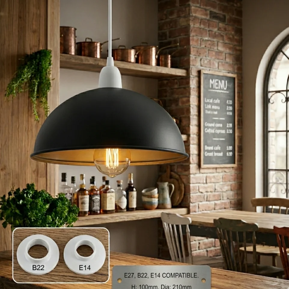 Vintage pendant lampshade featuring a curved metal dome with matte finish, ready to fit onto a ceiling pendant.
