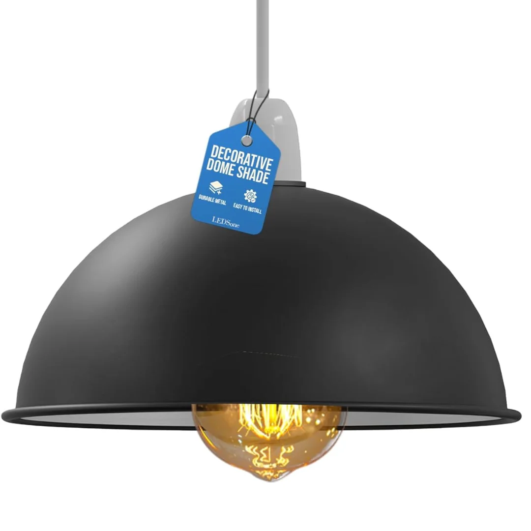 Industrial metal pendant light shade with curved dome and matte finish, vintage retro style.