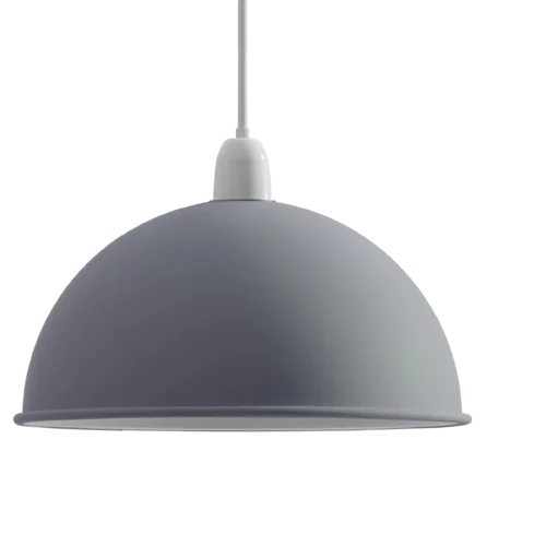 Industrial metal pendant light with a curved matte dome shade, vintage industrial style, hanging from a ceiling fixture.