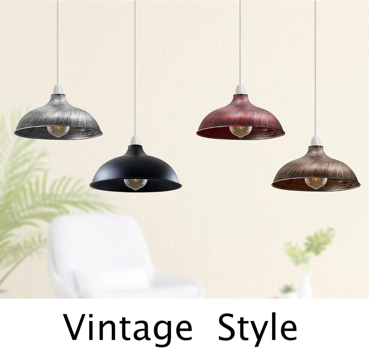 Metal ceiling pendant light shade, brushed copper, retro industrial style, hanging from ceiling.