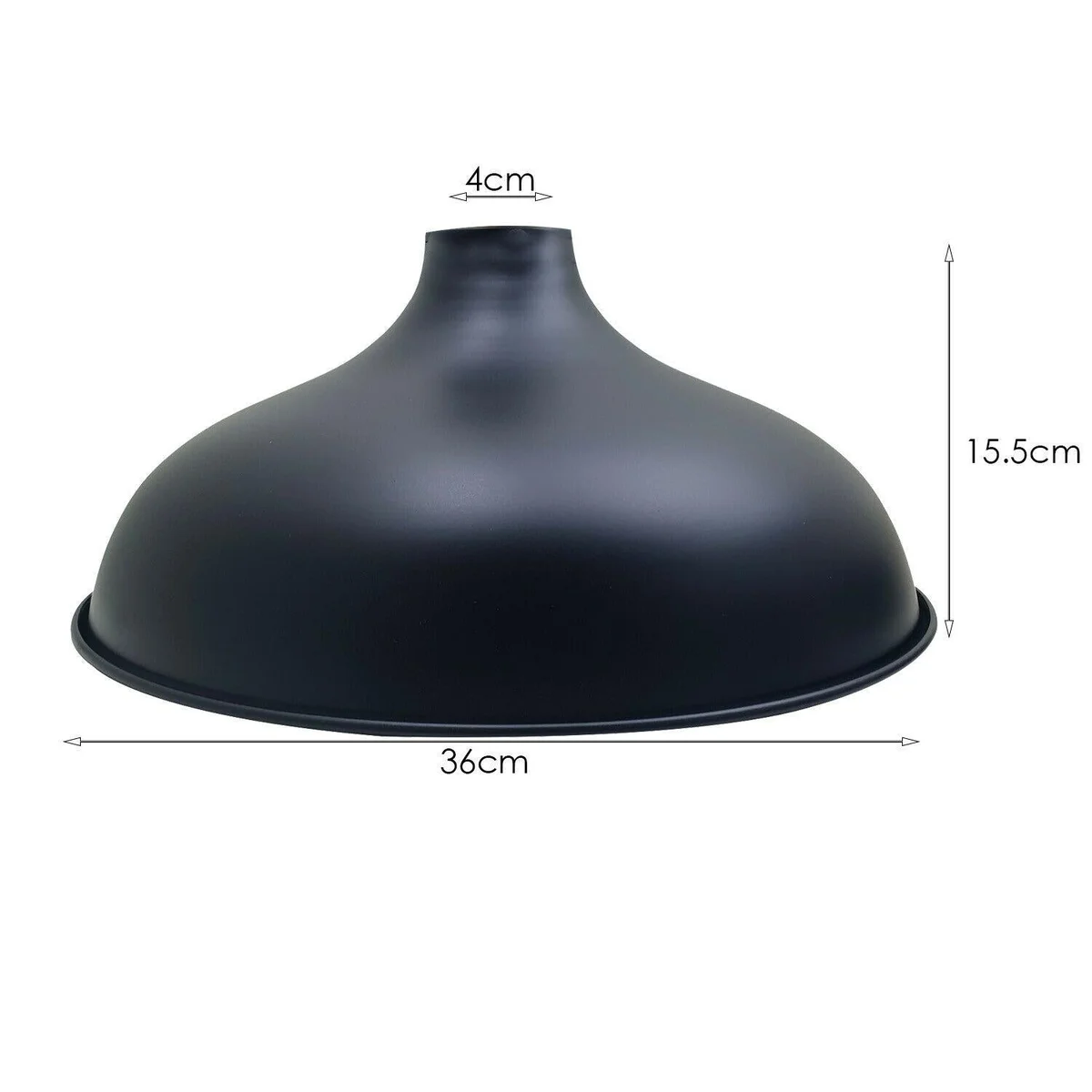 Metal industrial ceiling shade, brushed black finish, hanging over a pendant lamp, showing a sleek vintage dome design.