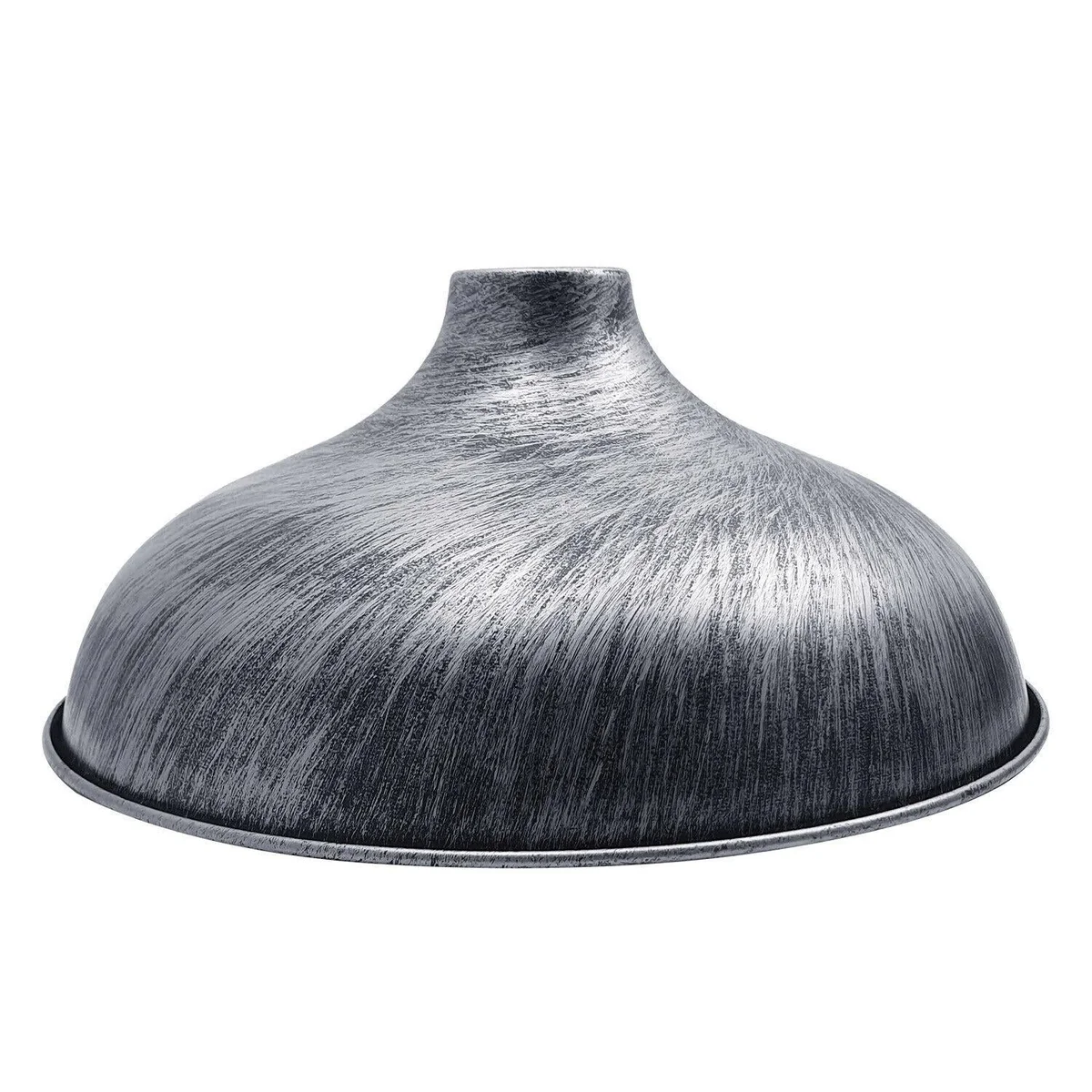 Metal dome light shade in brushed copper, hanging on a ceiling pendant, featuring vintage industrial style.