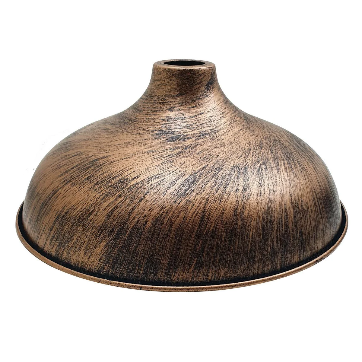 Brushed copper metal ceiling pendant light with dome shade suspended from ceiling.