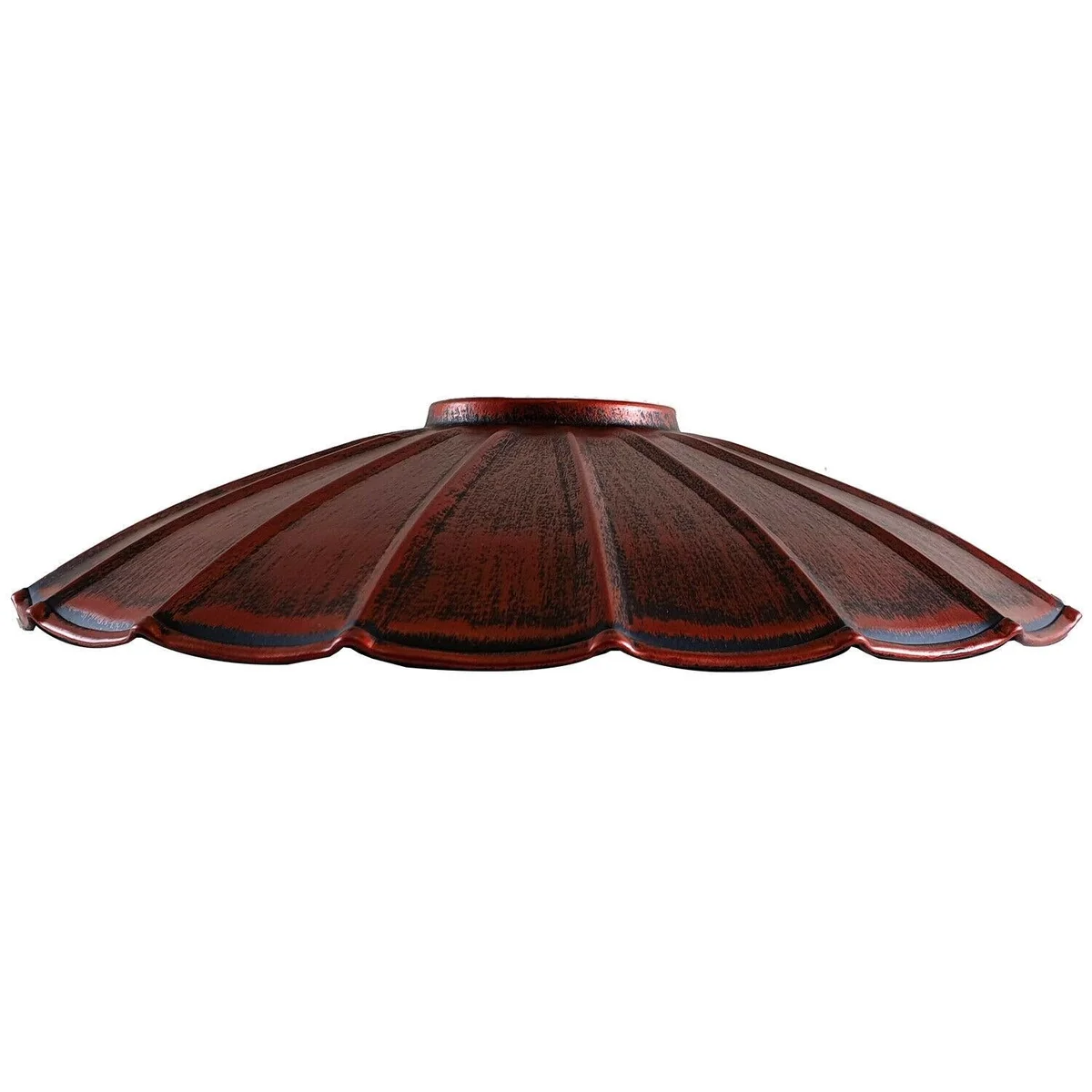 Modern brushed metal lampshade, 22 cm diameter, 6 cm tall, metal frame with recessed opening, hanging from ceiling.