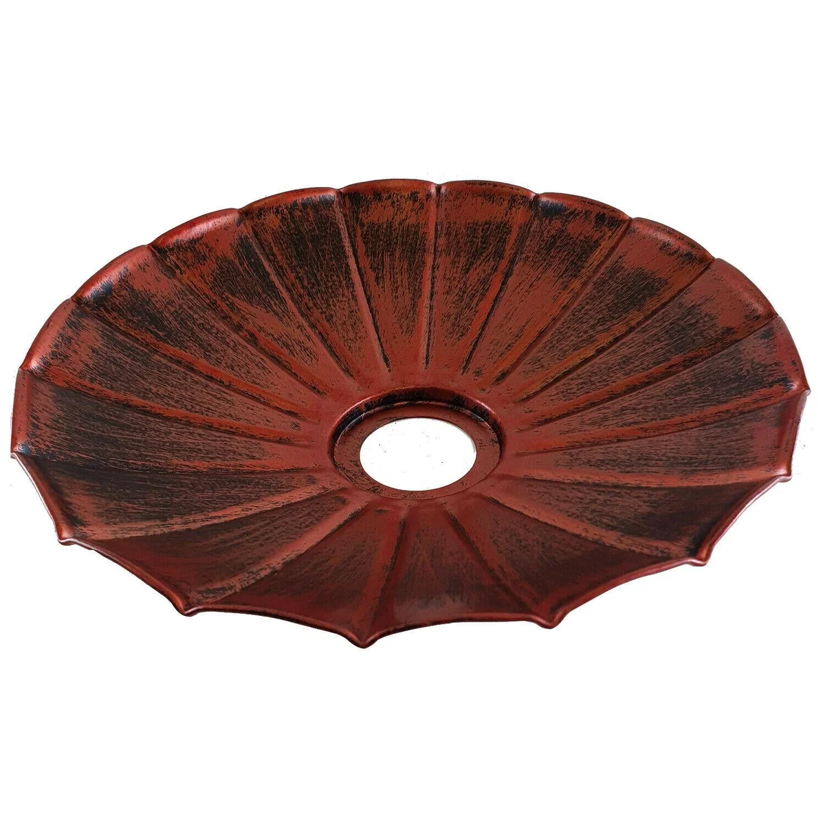 Metal living room pendant shade suspended from ceiling, brushed copper finish, modern decor.