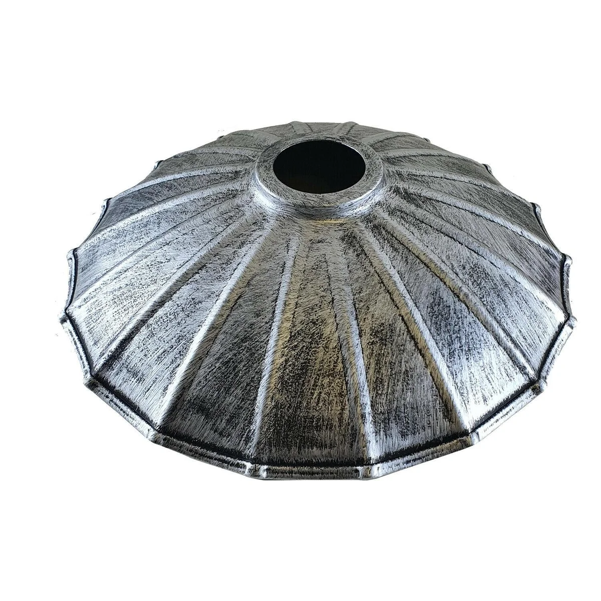 Copper‑brushed metal lamp shade, 22cm diameter, 6cm tall, suspended from ceiling – a rustic vintage light shade