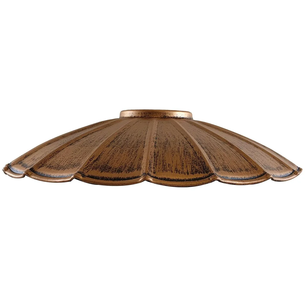 Metal vintage pendant lamp shade in brushed copper finish, showing its round shape and light fixture.
