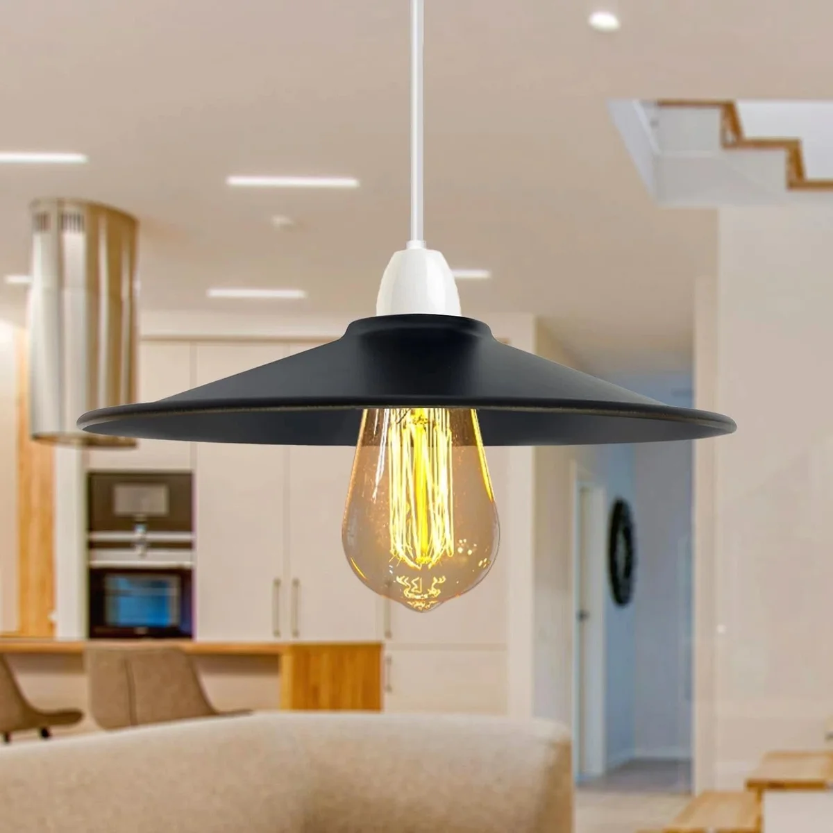 Metal 22cm ceiling lampshade with spray-painted finish and black interior, flat bowl design