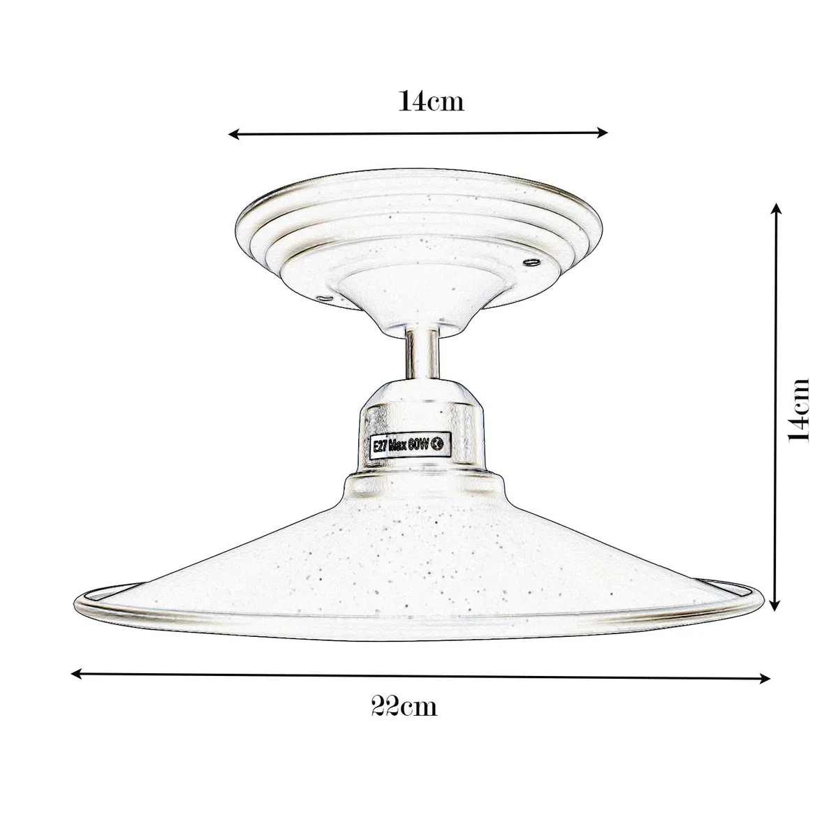 Black metal lamp on ceiling, gold interior, metal shade, 14cm mounting plate, E27 socket