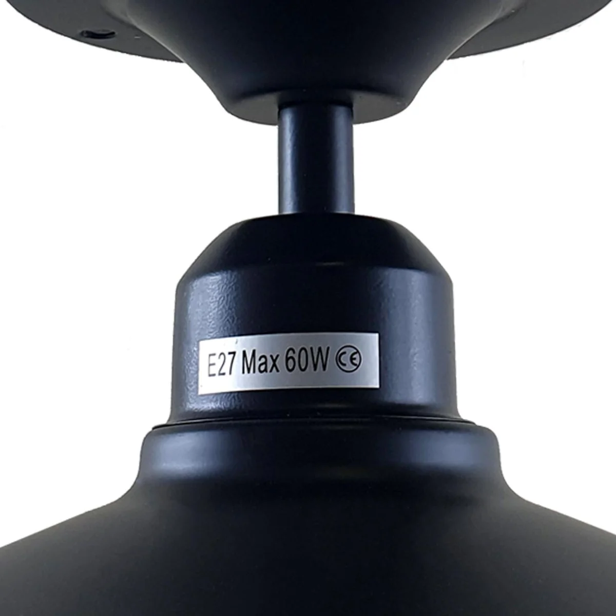 Modern ceiling lamp in black and gold, metal housing, round shade, E27 base visible, mounted on ceiling