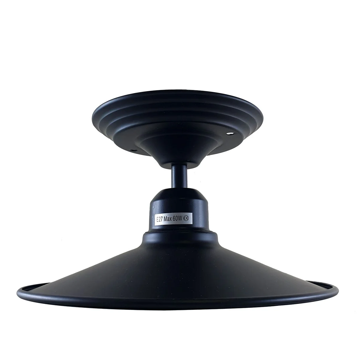 Metal ceiling light with black body and gold accents mounted on a ceiling, featuring a 14cm metal shade.