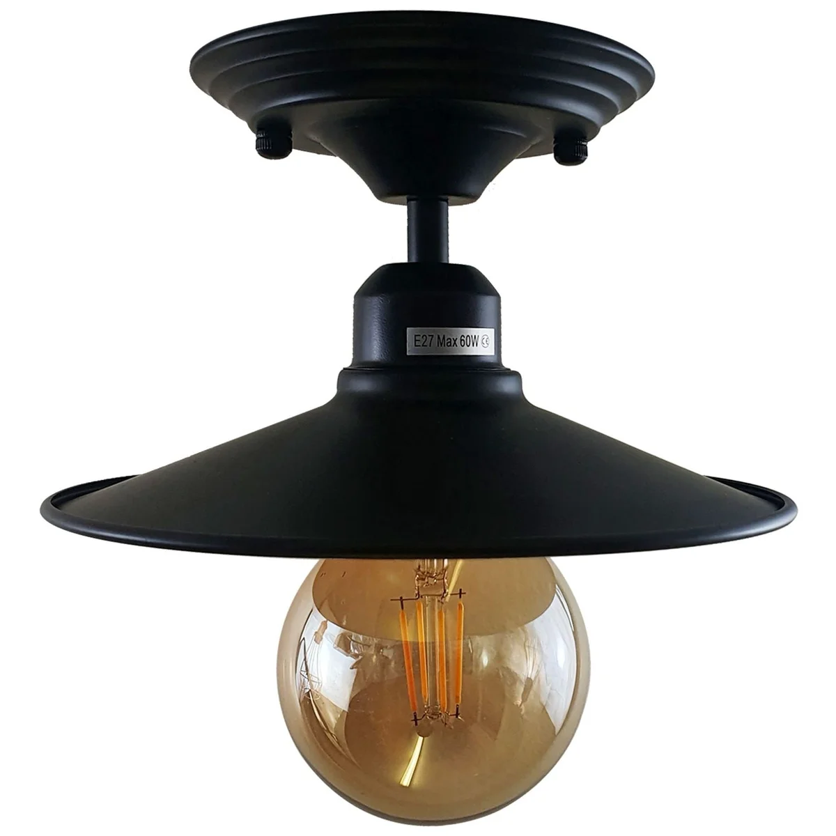 Ceiling mounted lamp with black gold metal base and 14cm shade, bright E27 holder.
