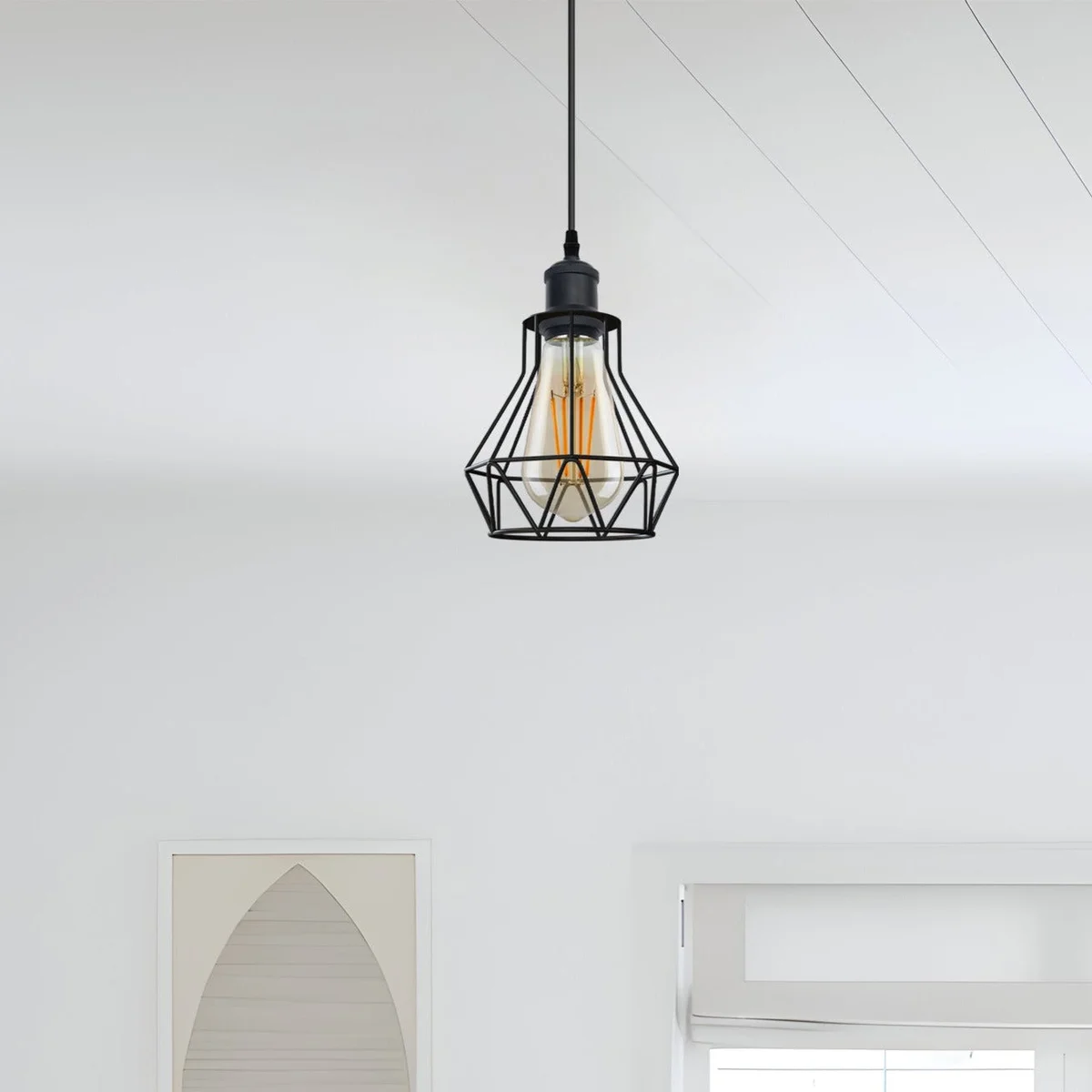 Black industrial pendant ceiling light with metal cage, E27 base, 95cm PVC cable, round mounting plate.