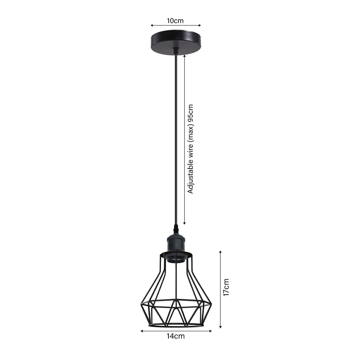 Industrial black light cage pendant with metal frame, PVC cable, E27 base, 95cm cord – stylish ceiling hanging lamp