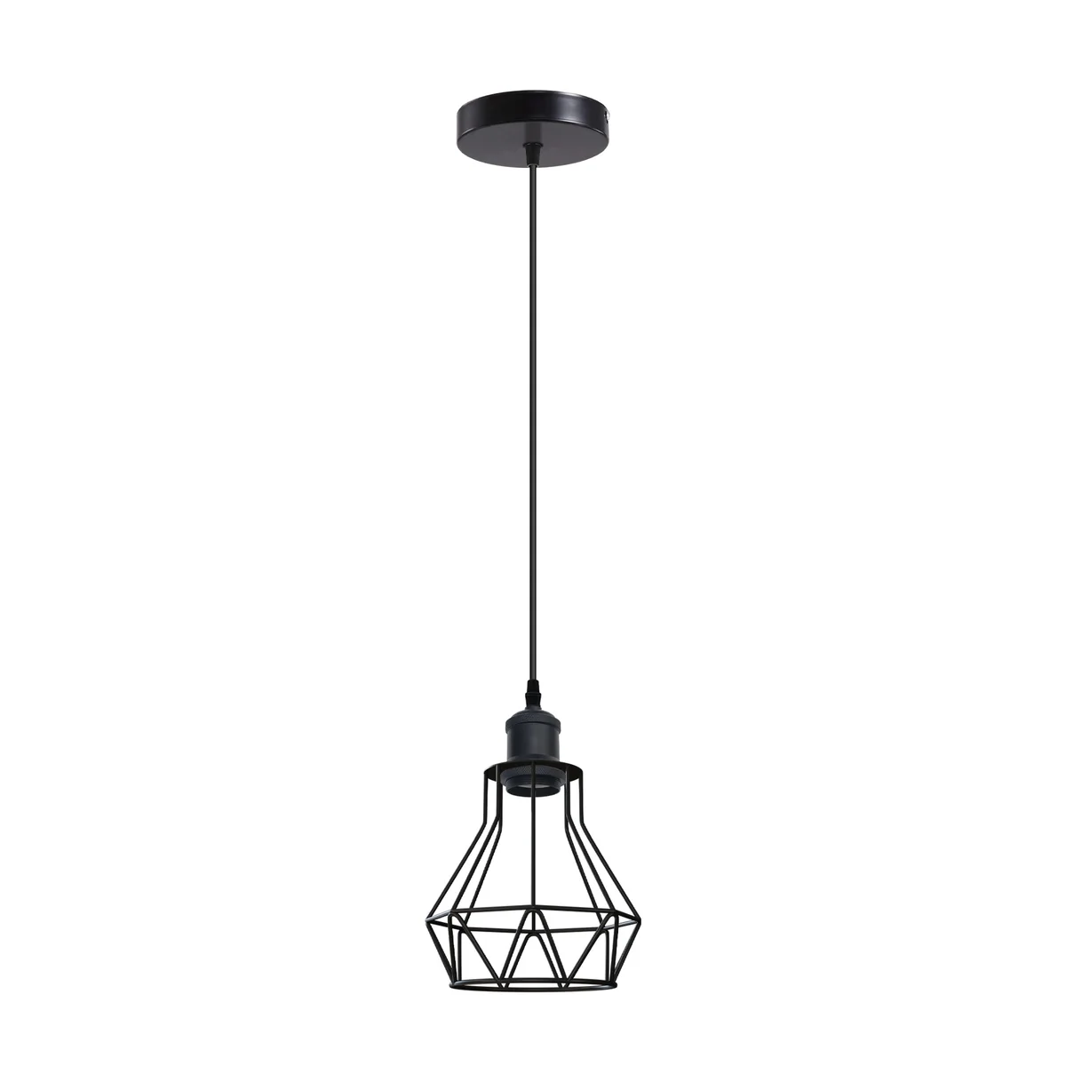 Black industrial E27 pendant light with metal cage and PVC cable pendant light, ready for any bulb.