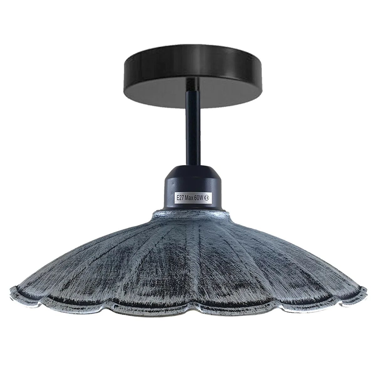 Industrial ceiling pendant lamp with metal shade, E27 base, black brushed finish, 10cm × 2cm size, elegant décor for warm ambience.