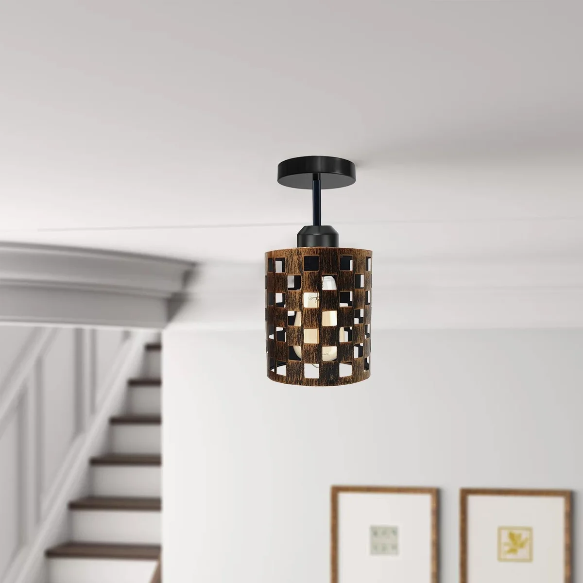 Modern flush ceiling light in brushed copper with a 10 cm x 2 cm metal plate and 4 cm mounting hole, sleek and contemporary
