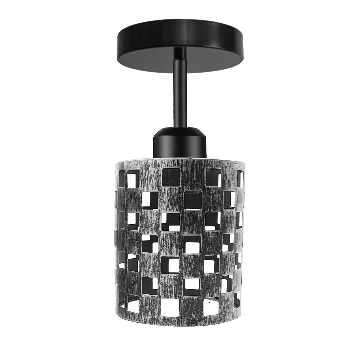 Modern flush ceiling light with metal body and E27 base, available in black, brushed copper, rustic red or brushed silver.