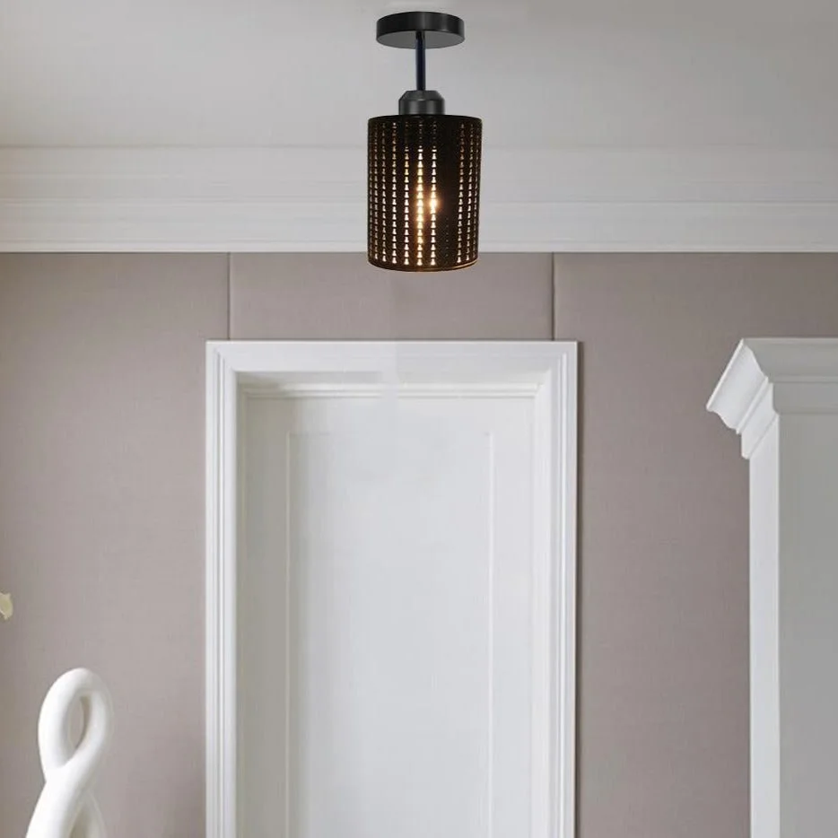Black industrial wire cage lampshade with metal barrel design, E27 base, warm lighting effect.