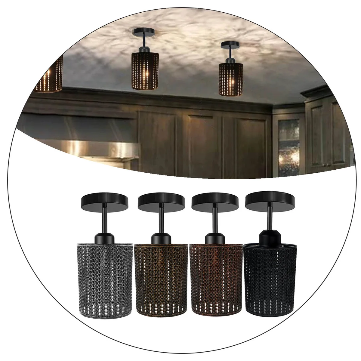 E27 ceiling light with metal cage shade, black and brushed copper design, ceiling plate 10x2cm.