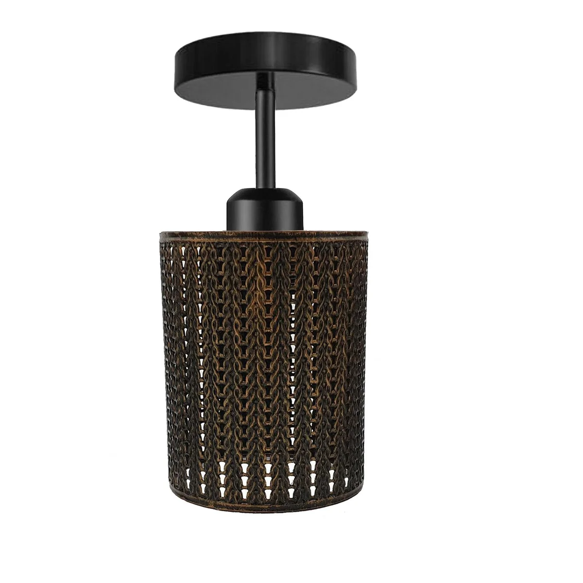 Metal ceiling light shade with industrial barrel wire cage, black metal base.