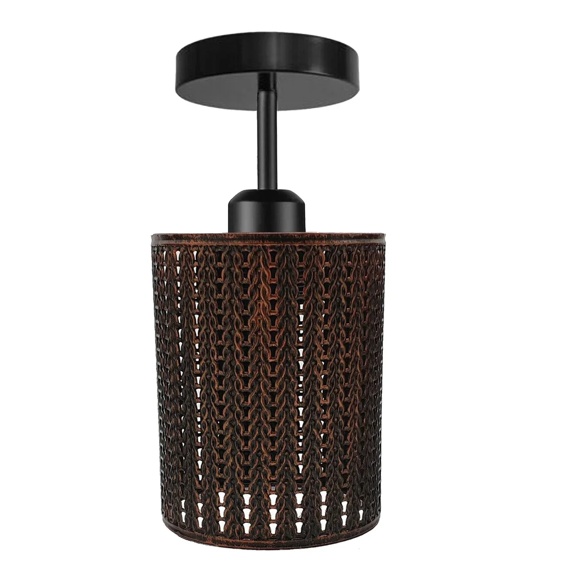 Metal ceiling light shade with cage design, black or brushed copper finish, E27 base, 10cm x 2cm dome.
