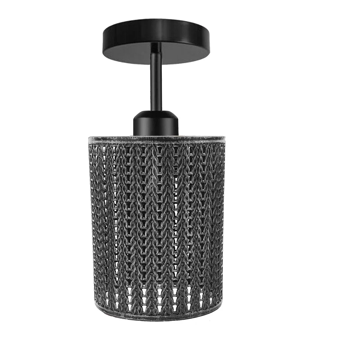 LEDSone metal ceiling light shade with wire cage on black base, 10cm square metal plate, styled for warm ambiance