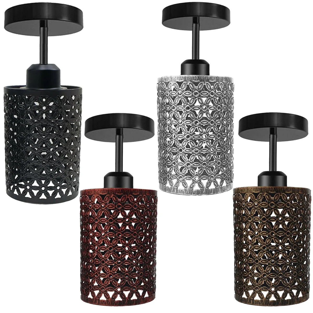 E27 ceiling light: industrial metal flush‑mount lamp with cage, black metal finish, 10cm x 2cm ceiling plate