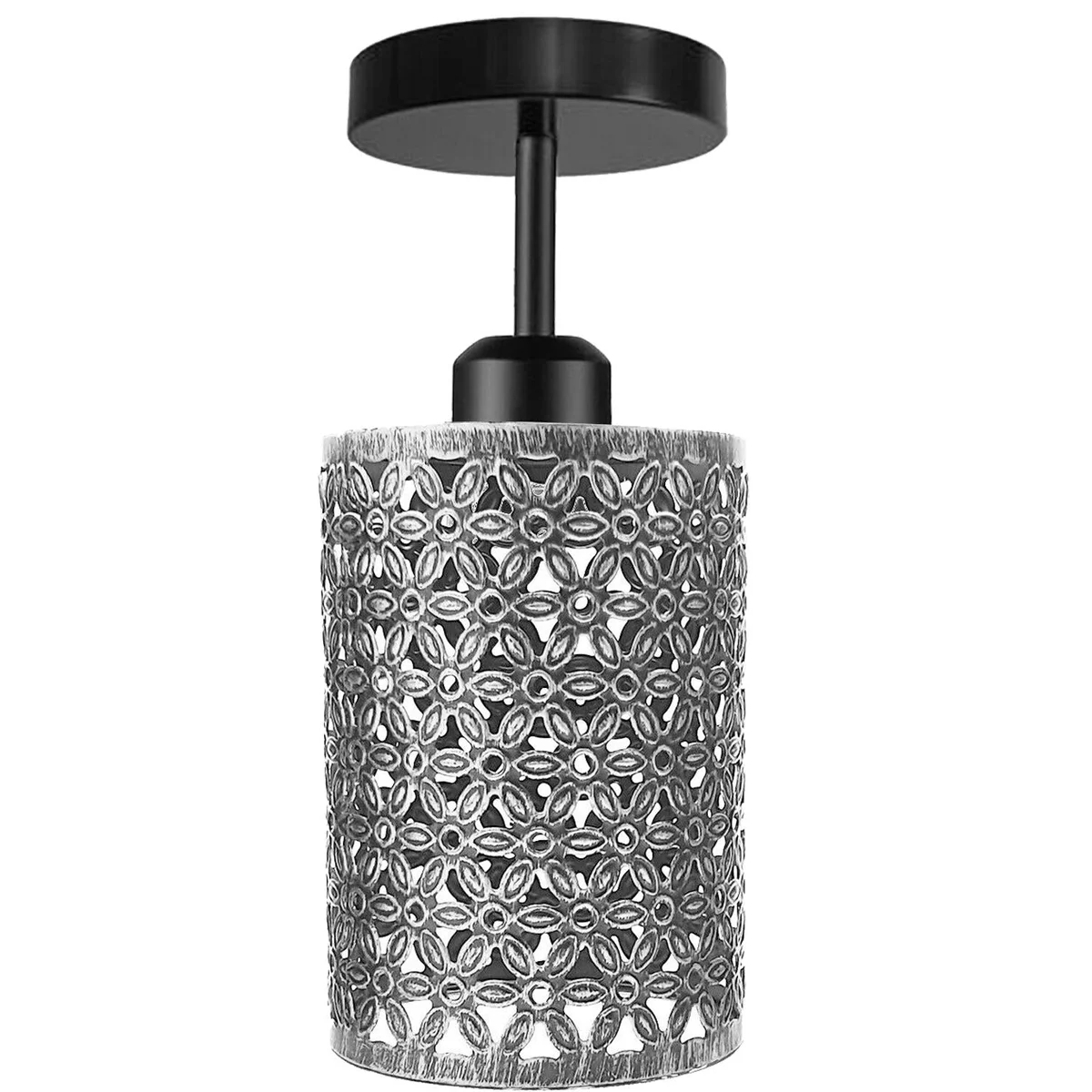 Metal cage lamp with flush mount black metal base and cage, includes E27 holder, 100mm x 20mm base.