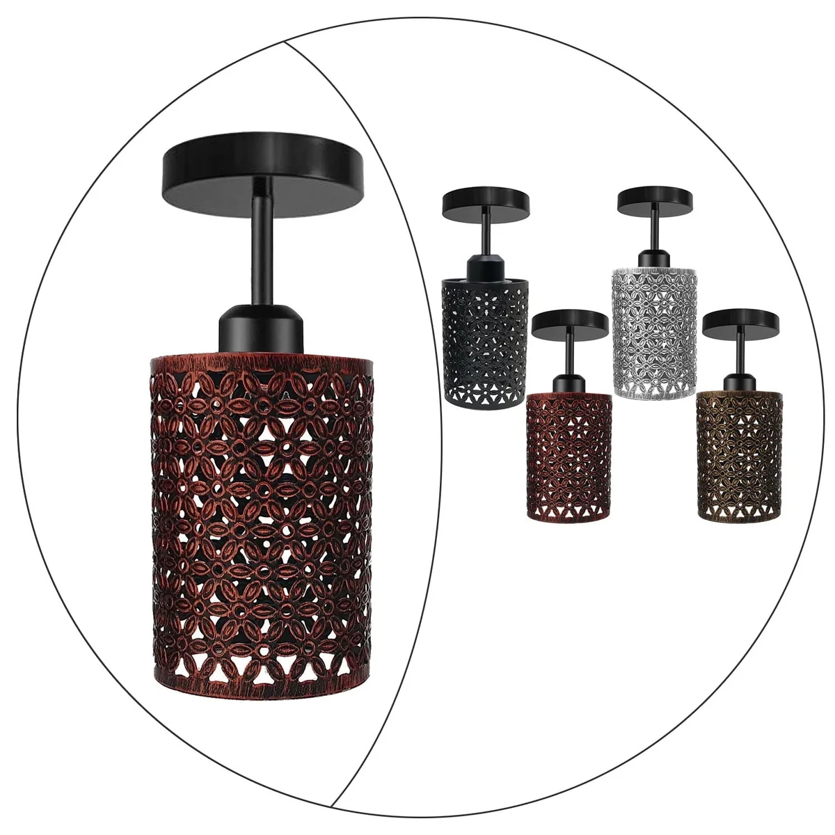 Black industrial ceiling lamp with metal flush‑mount cage and brushed copper accents.