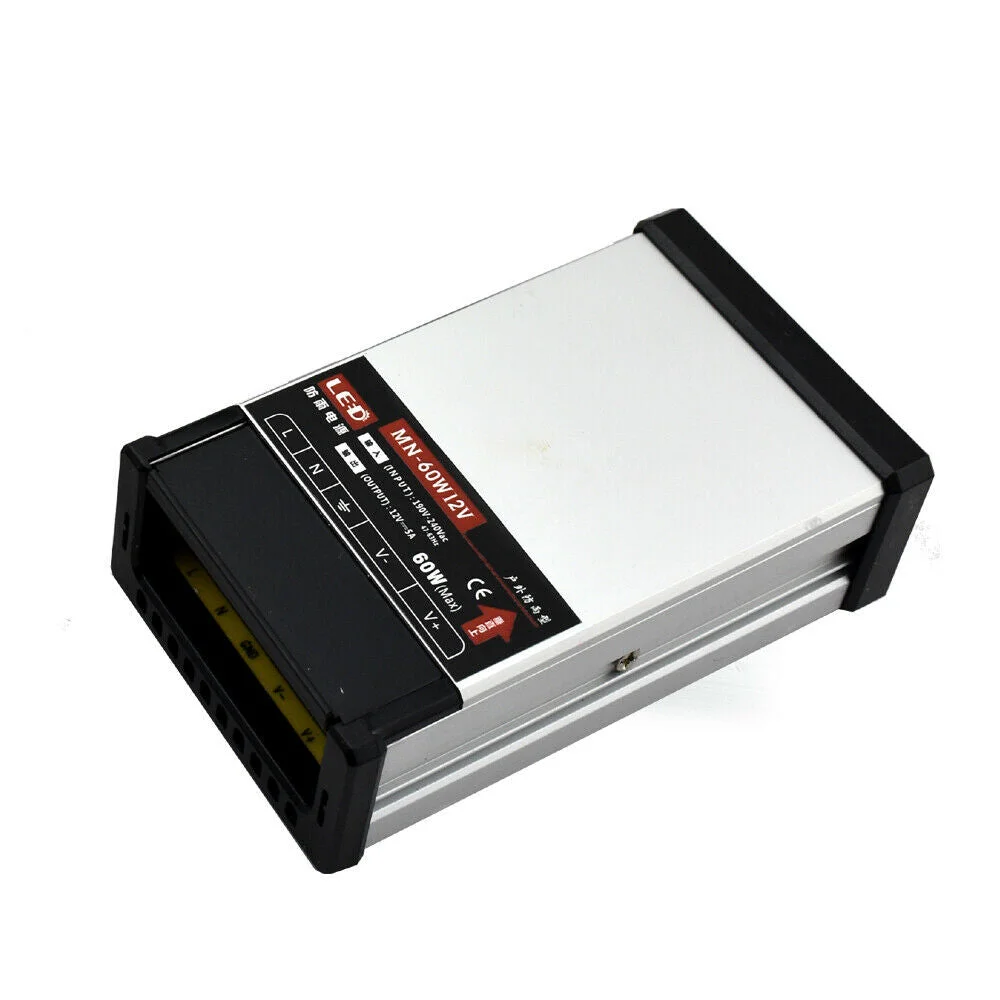 12V LED transformer: compact aluminium box, IP45 rating, screw terminals, labeled 12V 60W, suitable for outdoor LED lighting.